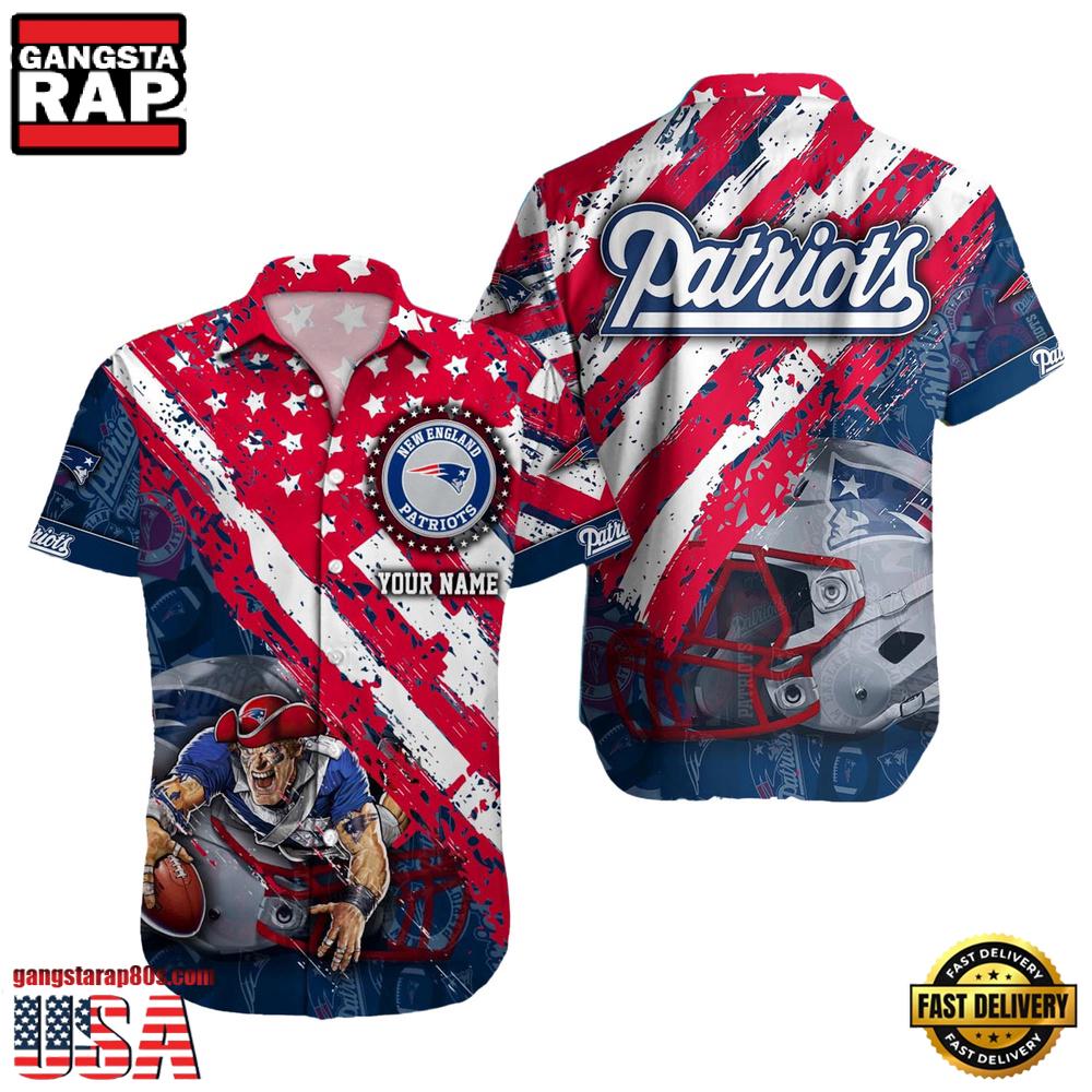 NFL New England Patriots Football American Flag Mascot Custom Name Hawaiian Shirt