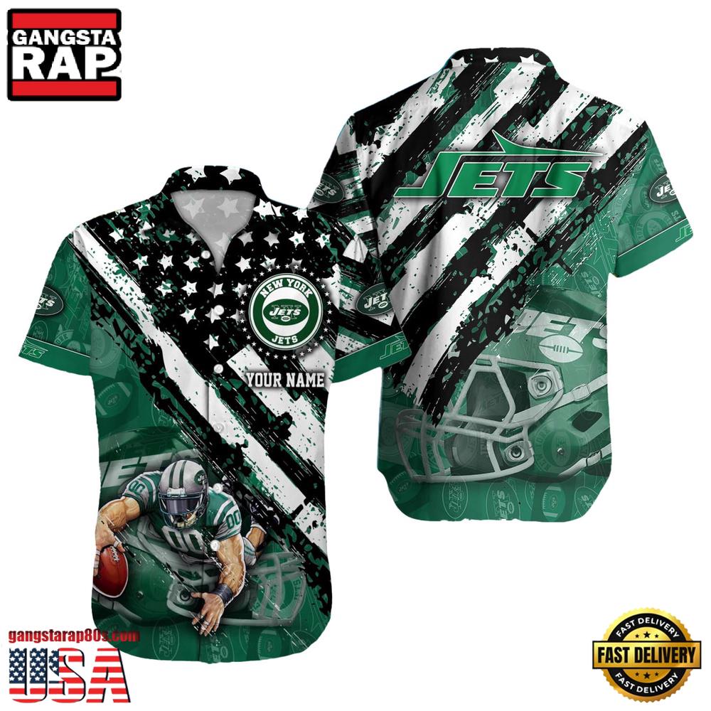 NFL New York Jets Football American Flag Mascot Custom Name Hawaiian Shirt