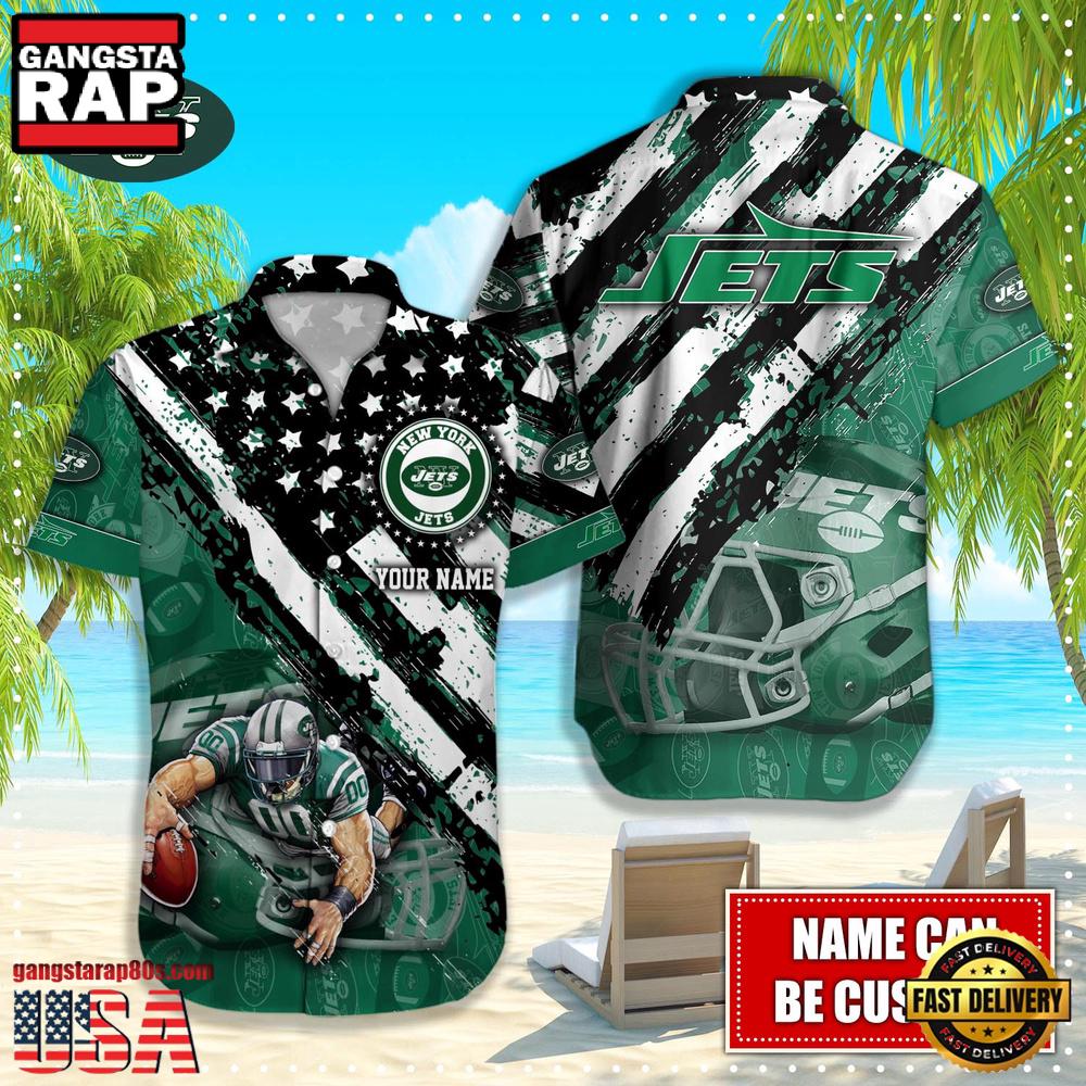 NFL New York Jets Football American Flag Mascot Custom Name Hawaiian Shirt