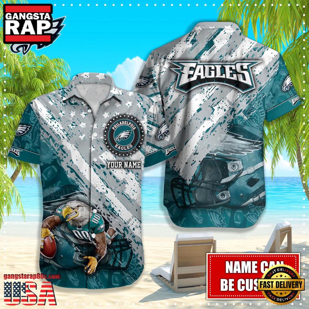 NFL Philadelphia Eagles Football American Flag Mascot Custom Name Hawaiian Shirt