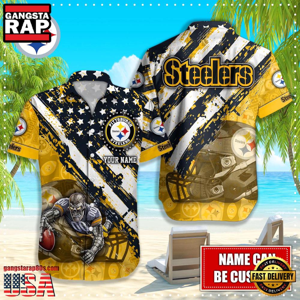 NFL Pittsburgh Steelers Football American Flag Mascot Custom Name Hawaiian Shirt