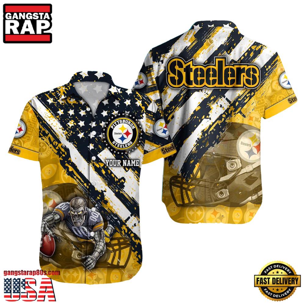 NFL Pittsburgh Steelers Football American Flag Mascot Custom Name Hawaiian Shirt