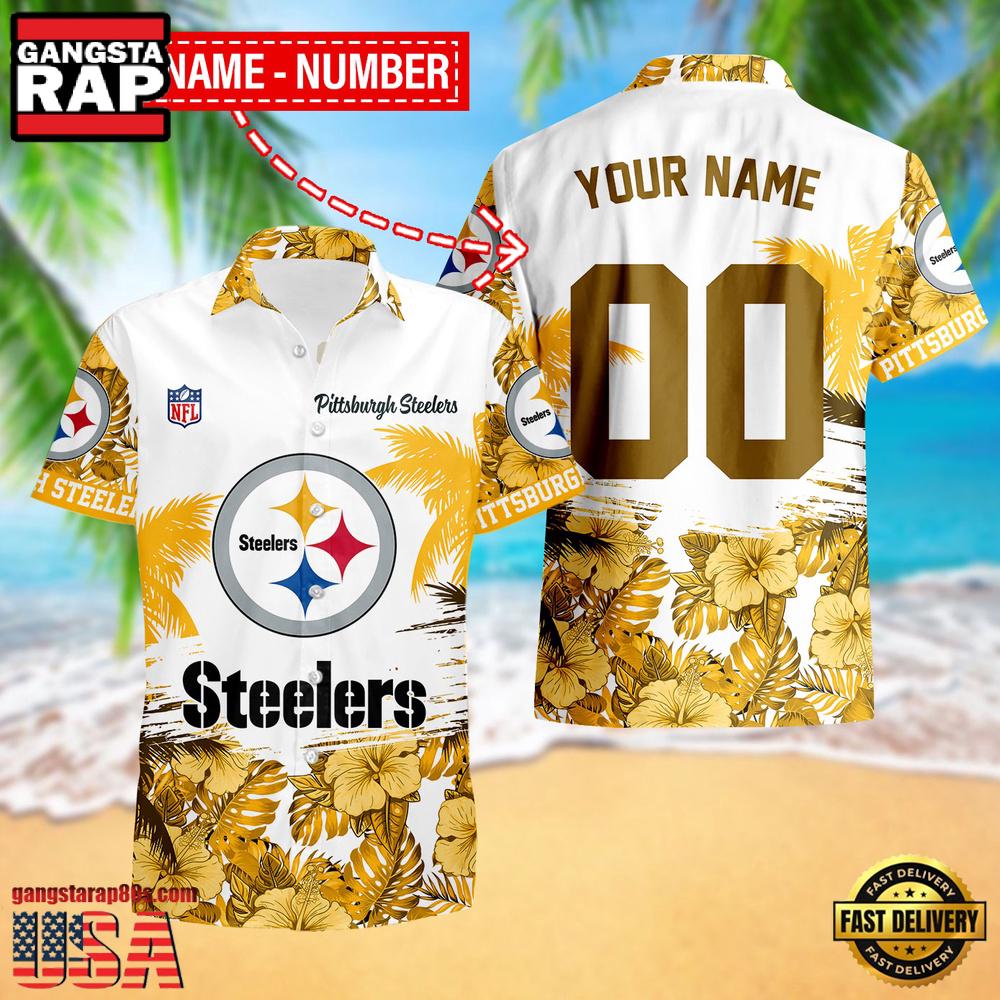 NFL Pittsburgh Steelers Hibiscus Flower Custom Name Hawaiian Shirt