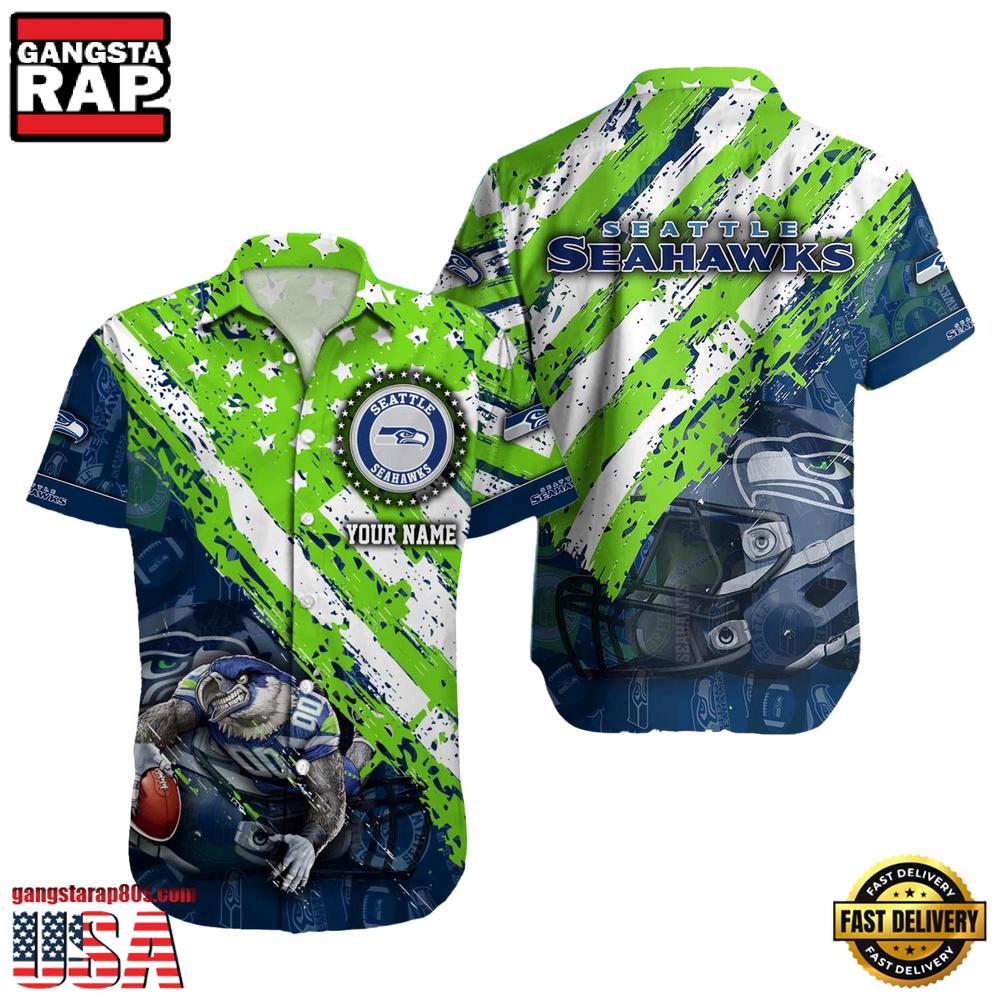 NFL Seattle Seahawks Football American Flag Mascot Custom Name Hawaiian Shirt