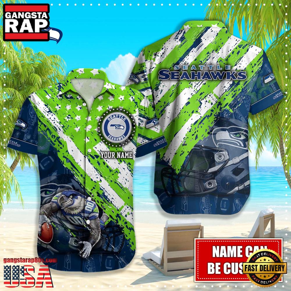 NFL Seattle Seahawks Football American Flag Mascot Custom Name Hawaiian Shirt