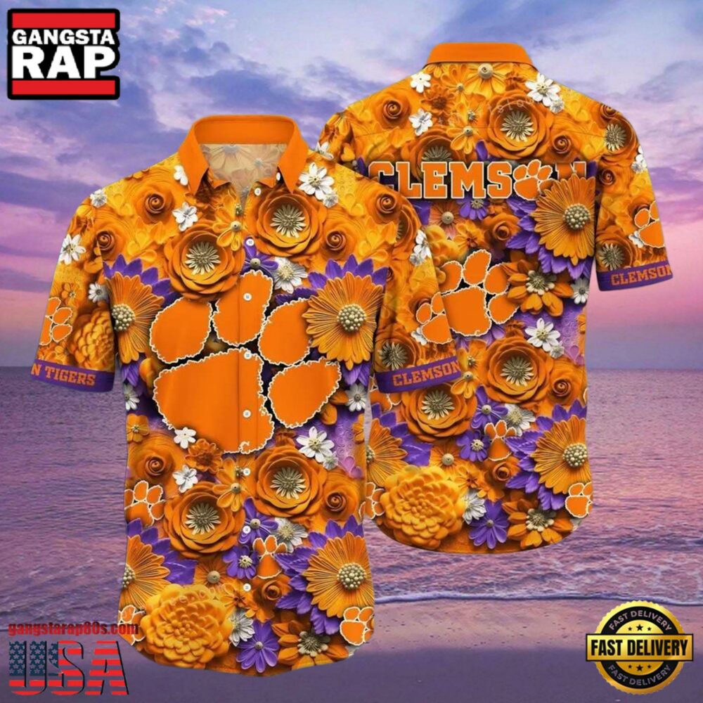 NCAA Clemson Tigers Flower Hawaiian Shirt Outfit 3D Shirt.jpg