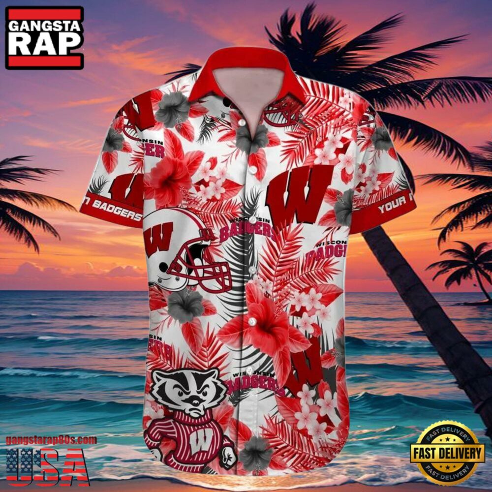 NCAA Custom Name Wisconsin Badgers Hawaiian Shirt Man NCAA Custom Name Wisconsin Badgers Hawaiian Shirt Man