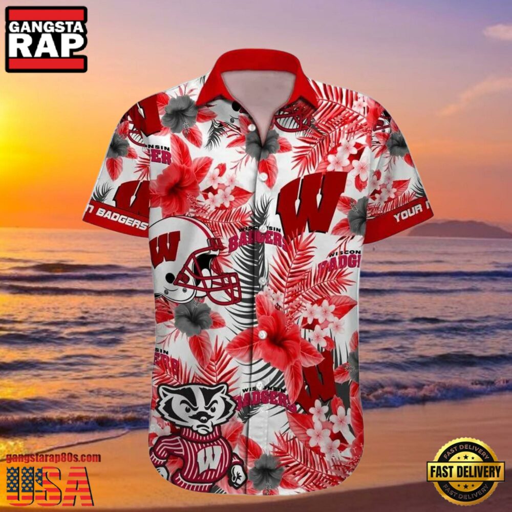 NCAA Custom Name Wisconsin Badgers Hawaiian Shirt Man NCAA Custom Name Wisconsin Badgers Hawaiian Shirt Man