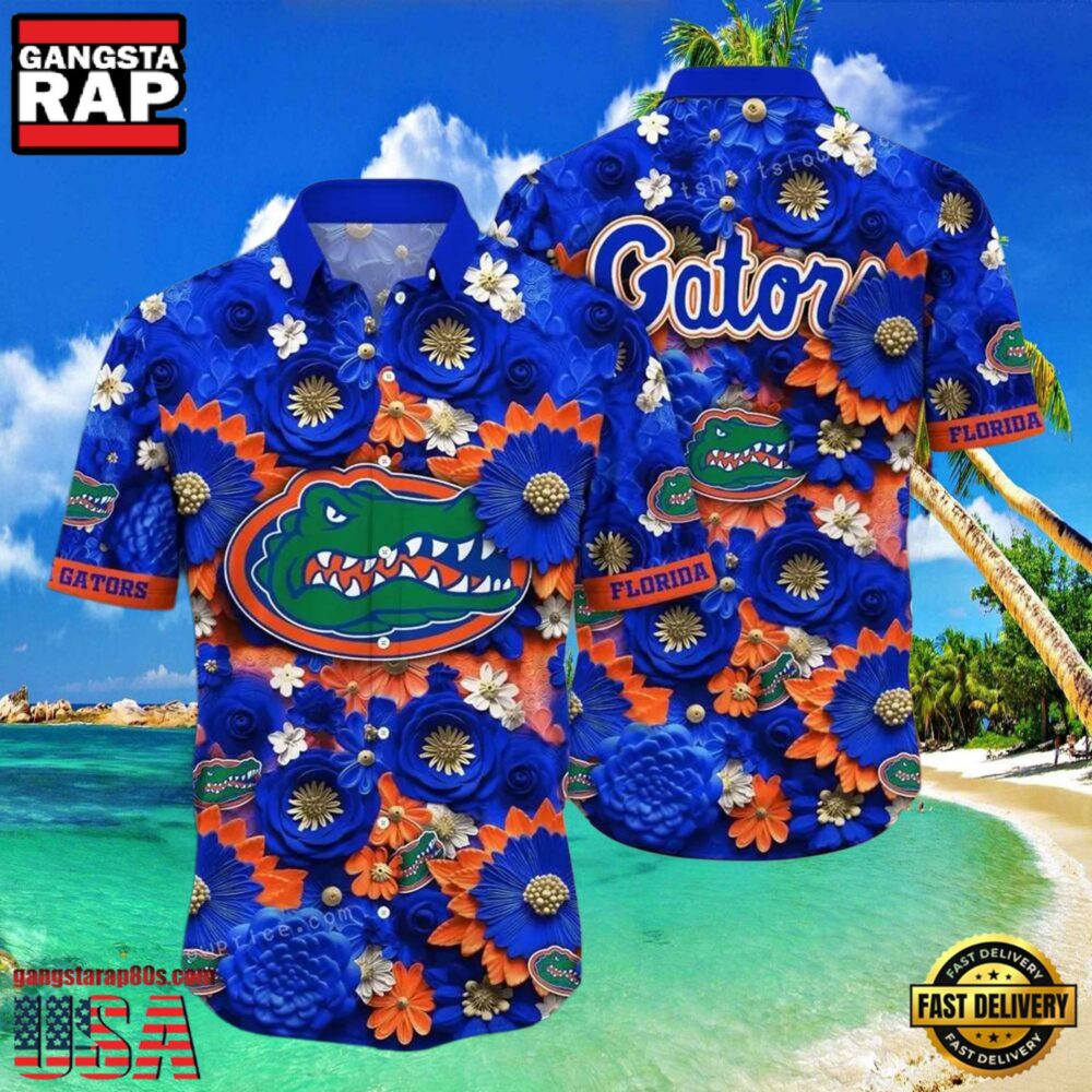 NCAA Florida Gators Flower Button Up Hawaiian Shirt 3D Shirt, Florida Gators Football Gifts For Dad