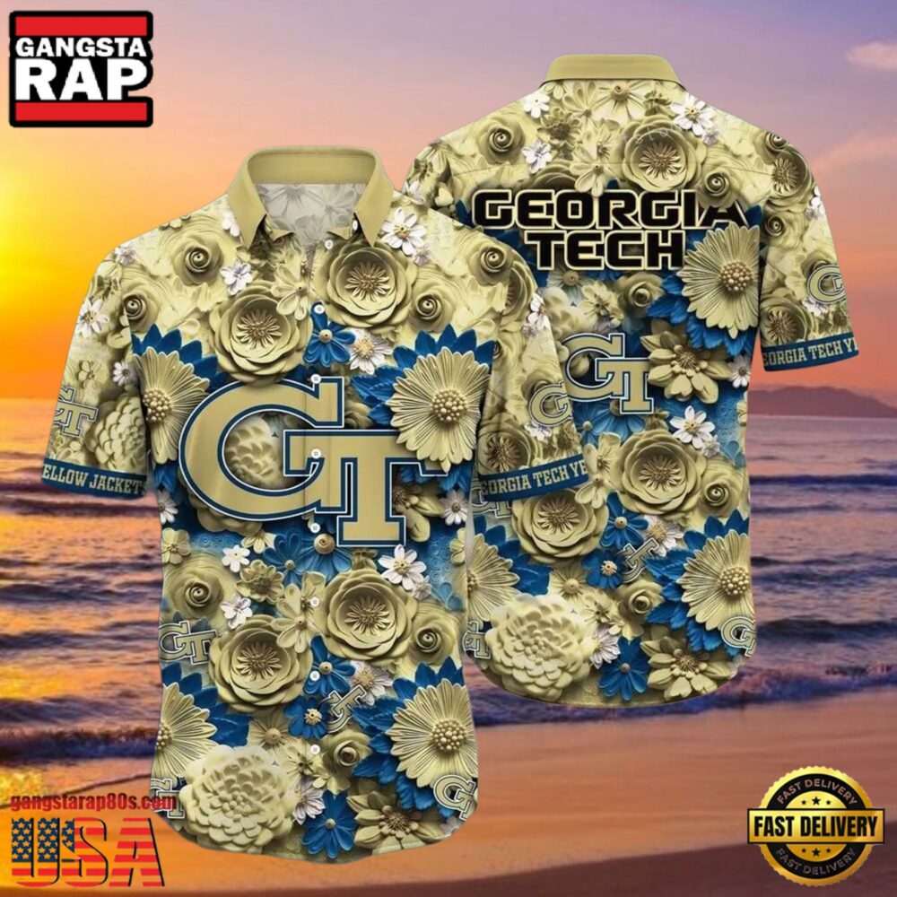 NCAA Georgia Tech Yellow Jackets Flower Button Up Hawaiian Shirt 3D Shirt, Georgia Tech Yellow Jackets Football Fathers Day Gifts NCAA Georgia Tech Yellow Jackets Flower Button Up Hawaiian Shirt 3D Shirt, Georgia Tech Yellow Jackets Football Fathers Day Gifts