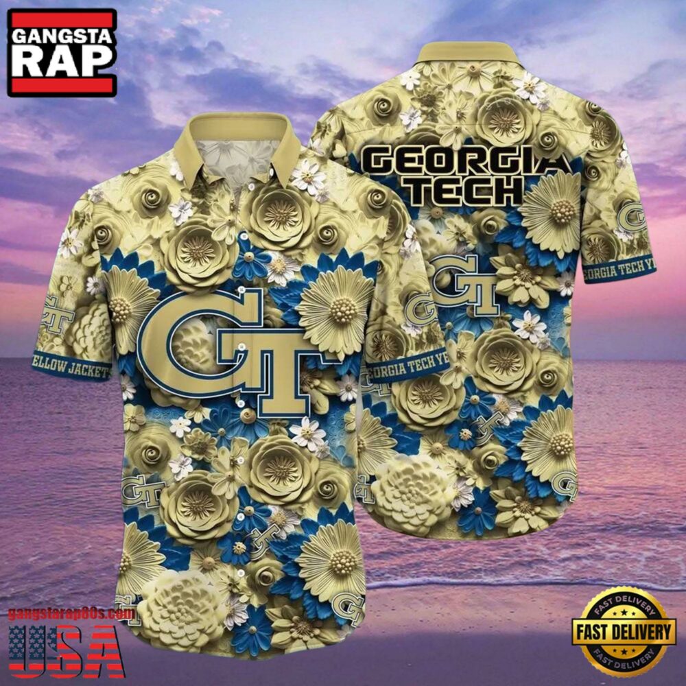 NCAA Georgia Tech Yellow Jackets Flower Button Up Hawaiian Shirt 3D Shirt, Georgia Tech Yellow Jackets Football Fathers Day Gifts