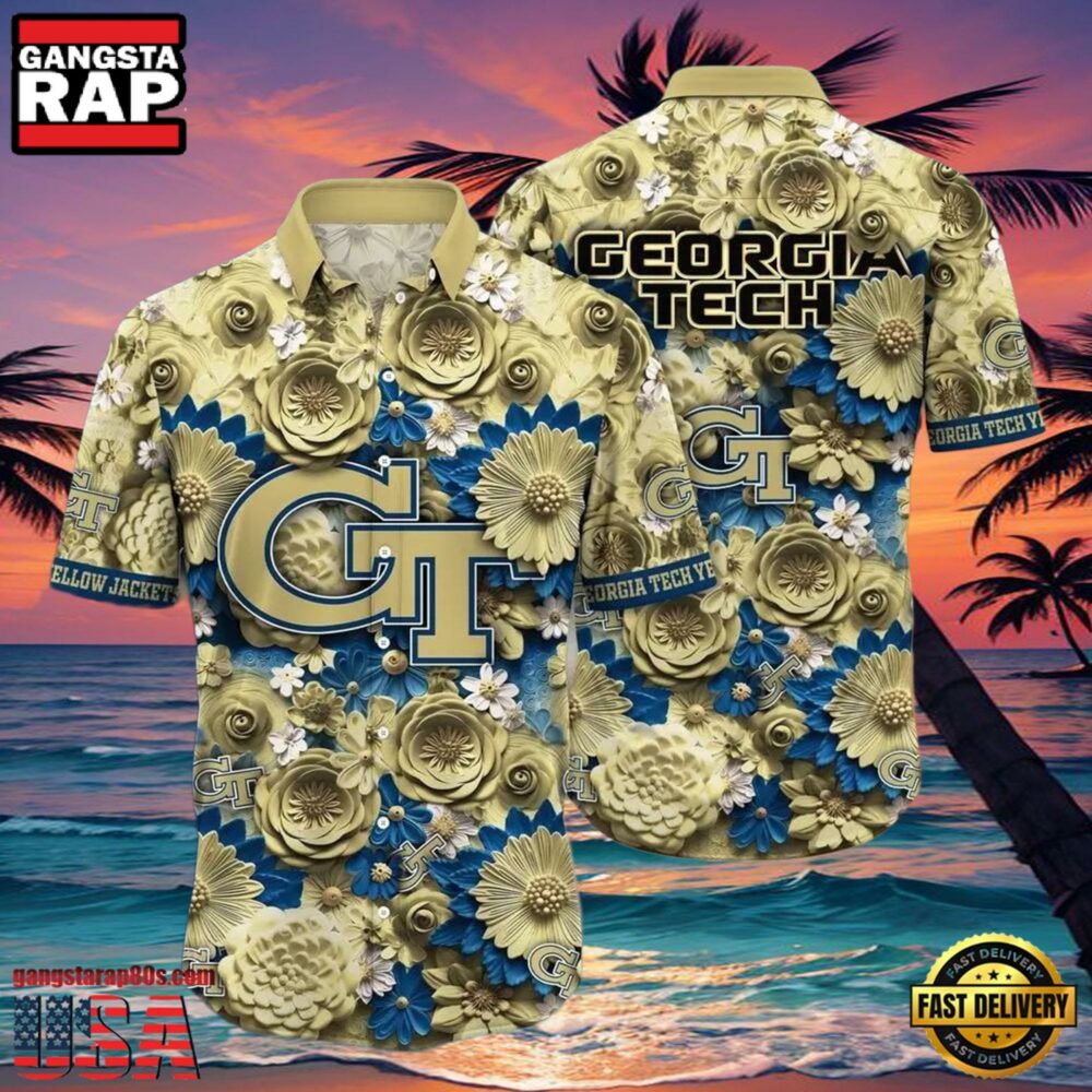 NCAA Georgia Tech Yellow Jackets Flower Button Up Hawaiian Shirt 3D Shirt, Georgia Tech Yellow Jackets Football Fathers Day Gifts NCAA Georgia Tech Yellow Jackets Flower Button Up Hawaiian Shirt 3D Shirt, Georgia Tech Yellow Jackets Football Fathers Day Gifts