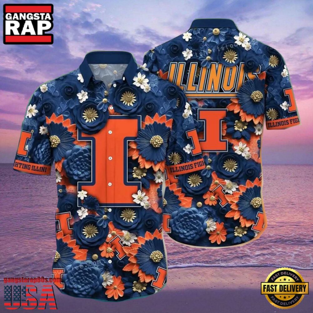 NCAA Illinois Fighting Illini Flower Button Up Hawaiian Shirt 3D Shirt, Illinois Fighting Illini Football Gifts For Dad