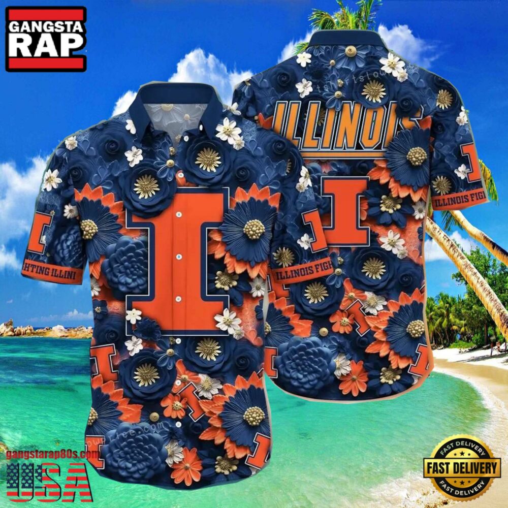 NCAA Illinois Fighting Illini Flower Button Up Hawaiian Shirt 3D Shirt, Illinois Fighting Illini Football Gifts For Dad