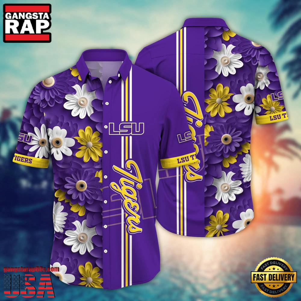 NCAA LSU TIGERS Flower Summer Aloha Button Hawaiian Shirt