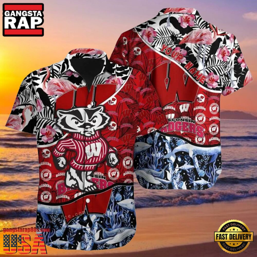 NCAA Wisconsin Badgers 3D Print Custom Name Hawaiian Shirt Cheap NCAA Wisconsin Badgers 3D Print Custom Name Hawaiian Shirt Cheap