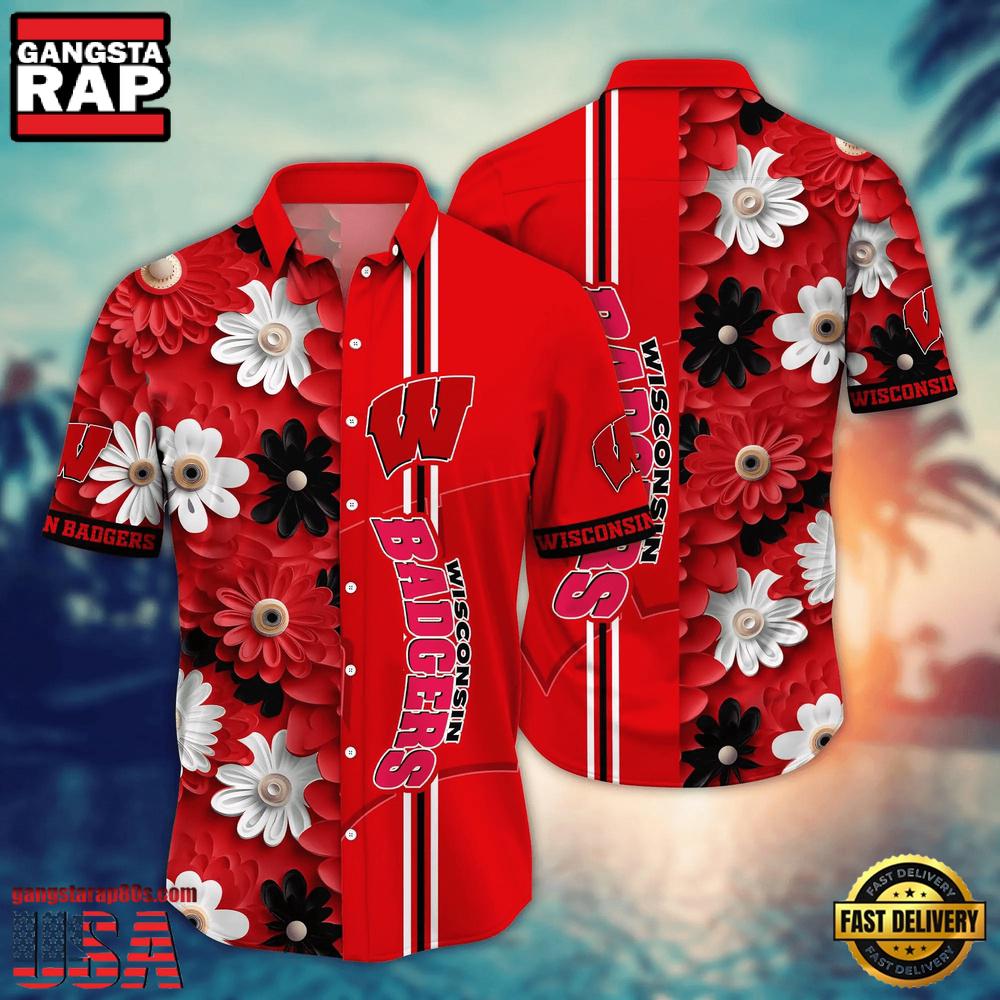 NCAA Wisconsin Badgers Flower Summer Aloha Button Hawaiian Shirt