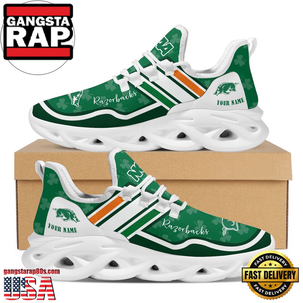 NCAA Custom Name Arkansas Razorbacks Logo Saint Patrick'S Day Unique Design Max Soul Shoes Running Sneakers