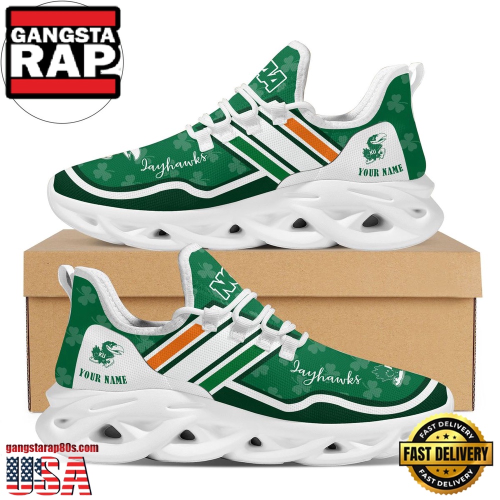 NCAA Custom Name Kansas Jayhawks Logo Saint Patrick'S Day Unique Design Max Soul Shoes Running Sneakers
