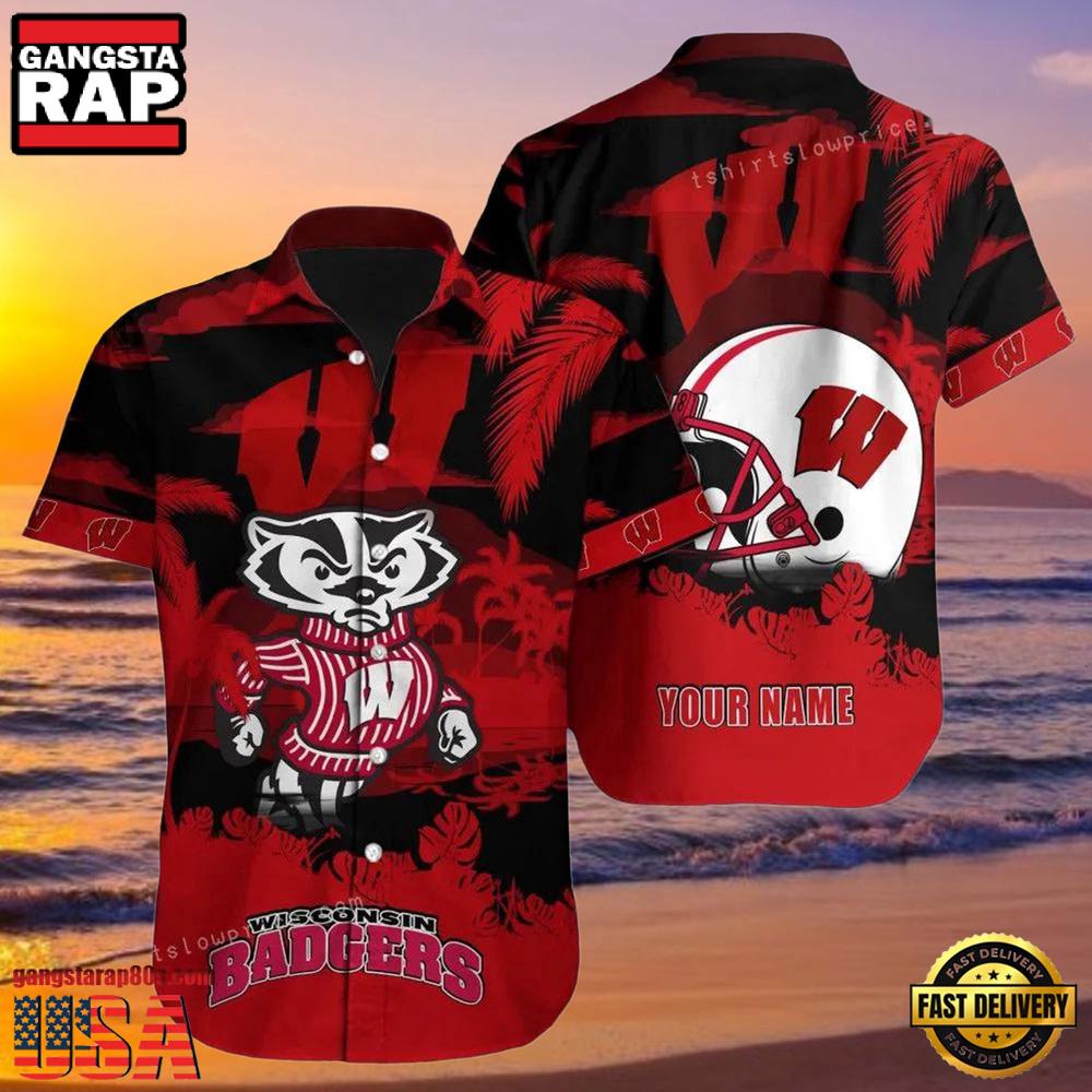 NCAA Custom Name Wisconsin Badgers Hawaiian Shirt For Men And Women NCAA Custom Name Wisconsin Badgers Hawaiian Shirt For Men And Women