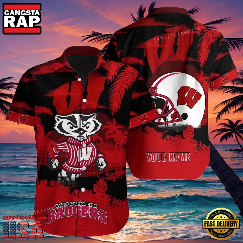 NCAA Custom Name Wisconsin Badgers Hawaiian Shirt For Men And Women NCAA Custom Name Wisconsin Badgers Hawaiian Shirt For Men And Women