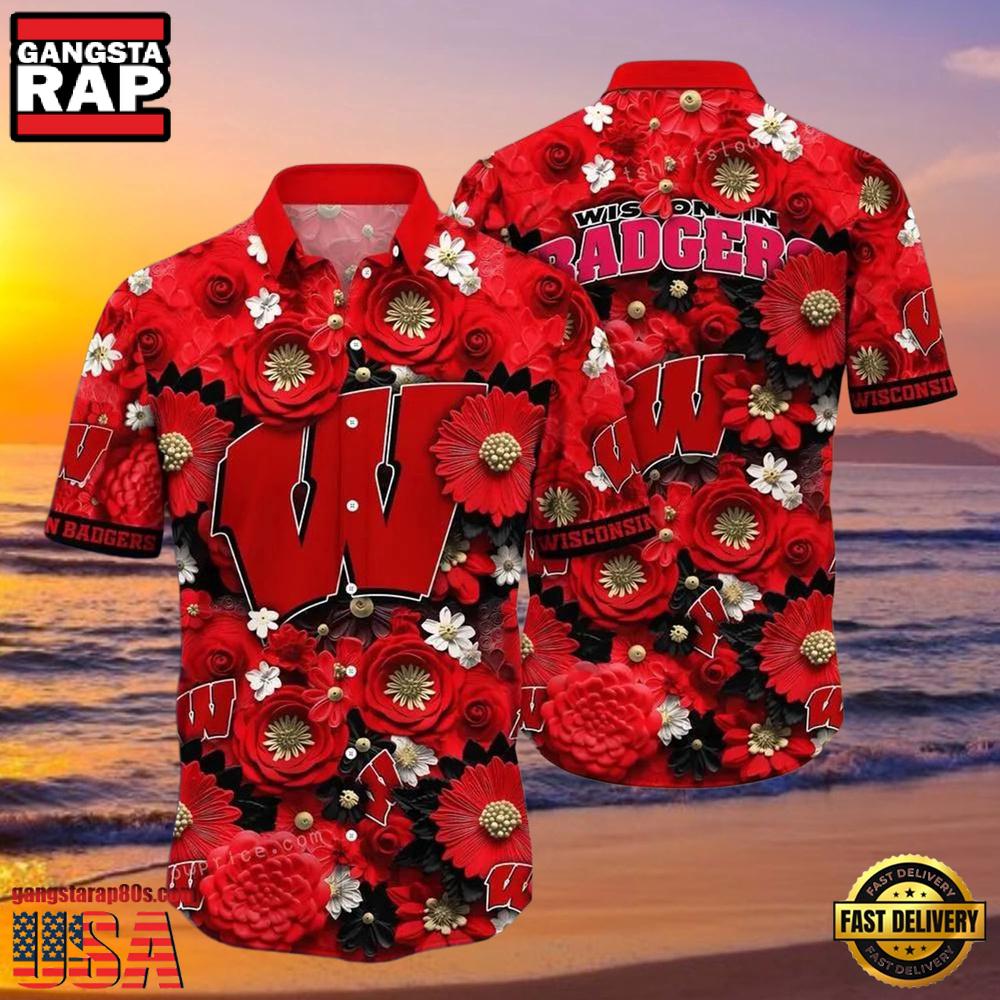 NCAA Wisconsin Badgers Flower Hawaiian Shirt Outfit 3D Shirt
