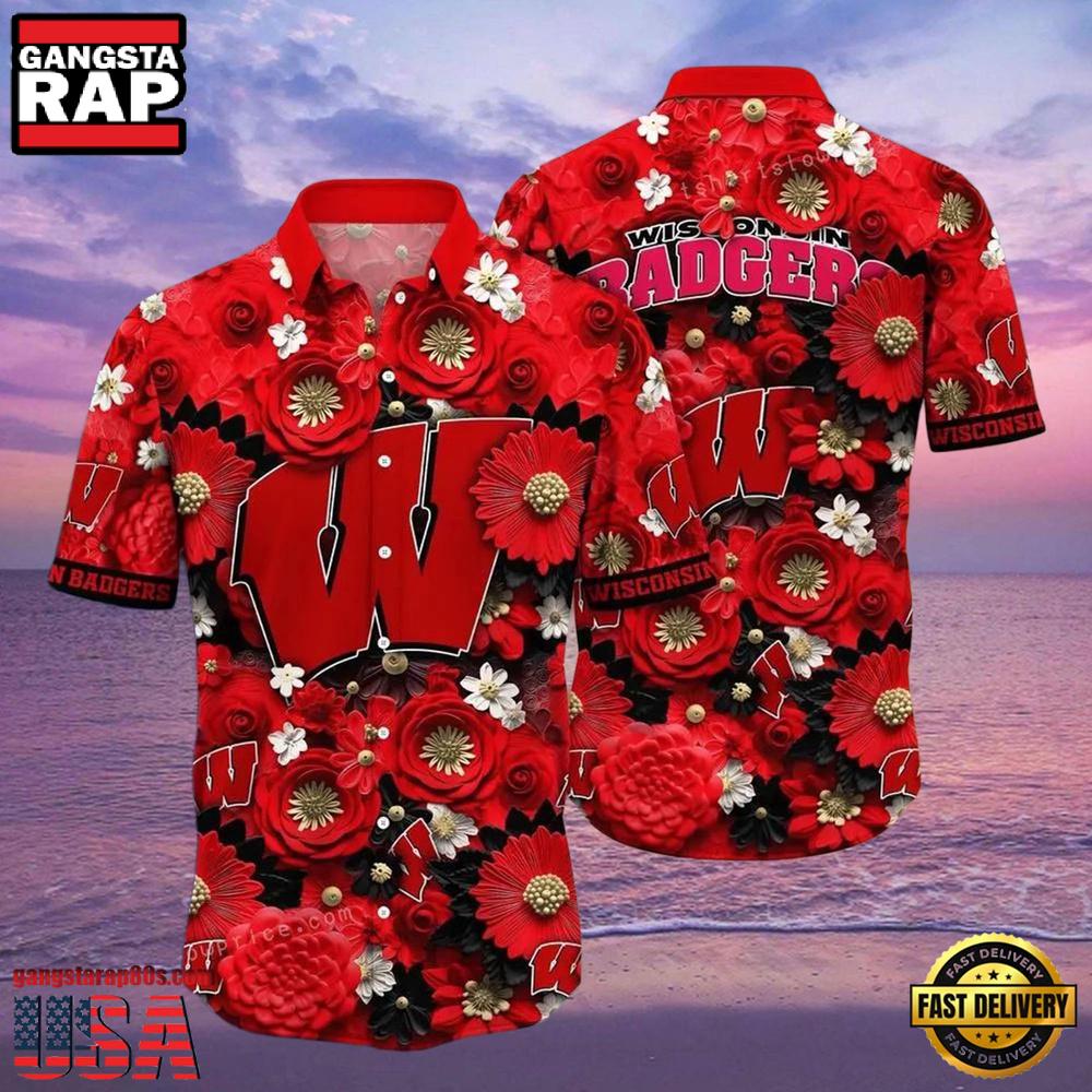 NCAA Wisconsin Badgers Flower Hawaiian Shirt Outfit 3D Shirt