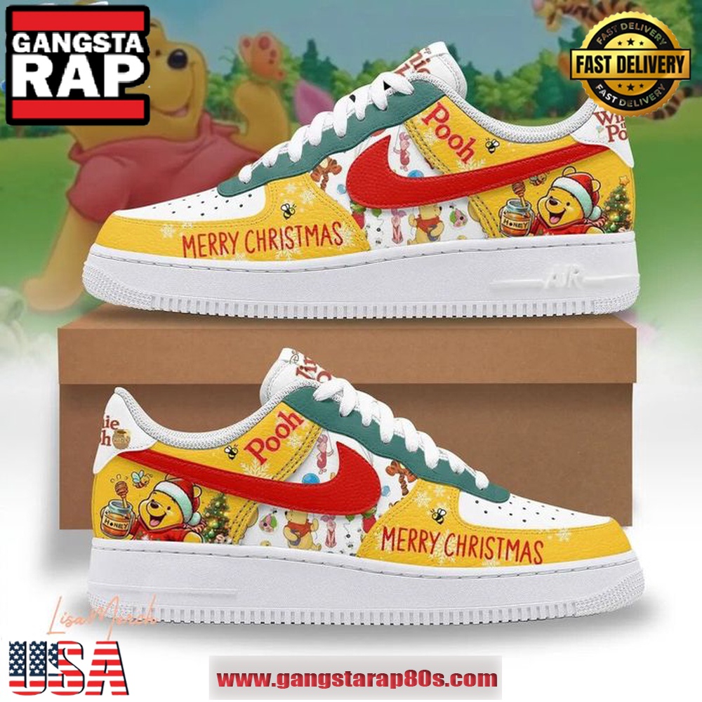 Pooh Merry Christmas Limited Edition Air Force 1 Running Sneakers Shoes Pooh Merry Christmas Limited Edition Air Force 1 Running Sneakers Shoes