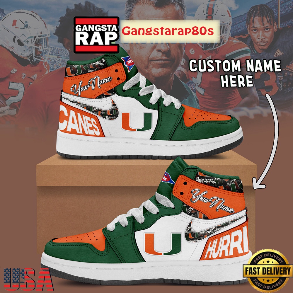 NCAA Miami Hurricanes Custom Name Air Jordan 1 Shoes Running Sneakers NCAA Miami Hurricanes Custom Name Air Jordan 1 Shoes Running Sneakers