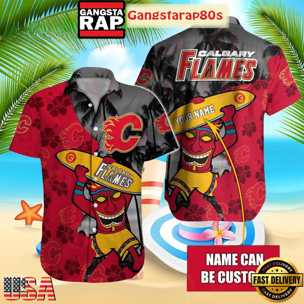Custom Name Calgary Flames Tiki Surf Summer Hawaiian Shirt
