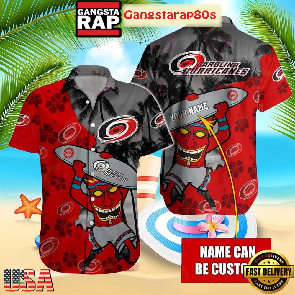 Custom Name Carolina Hurricanes Tiki Surfer Summer Hawaiian Shirt