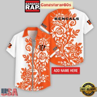 Custom Name Cincinnati Bengals Rose Branch Pattern Hawaiian Shirt For Fans
