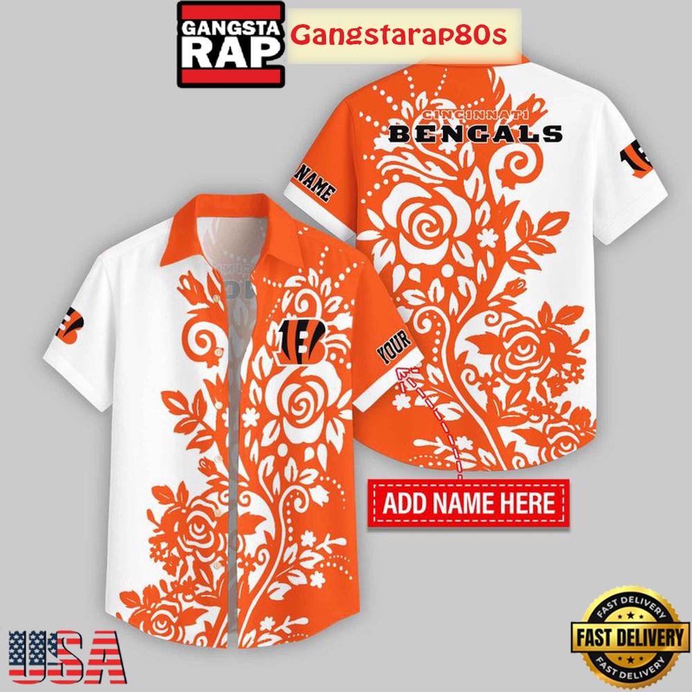 Custom Name Cincinnati Bengals Rose Branch Pattern Aloha Hawaiian Shirt Custom Name Cincinnati Bengals Rose Branch Pattern Aloha Hawaiian Shirt
