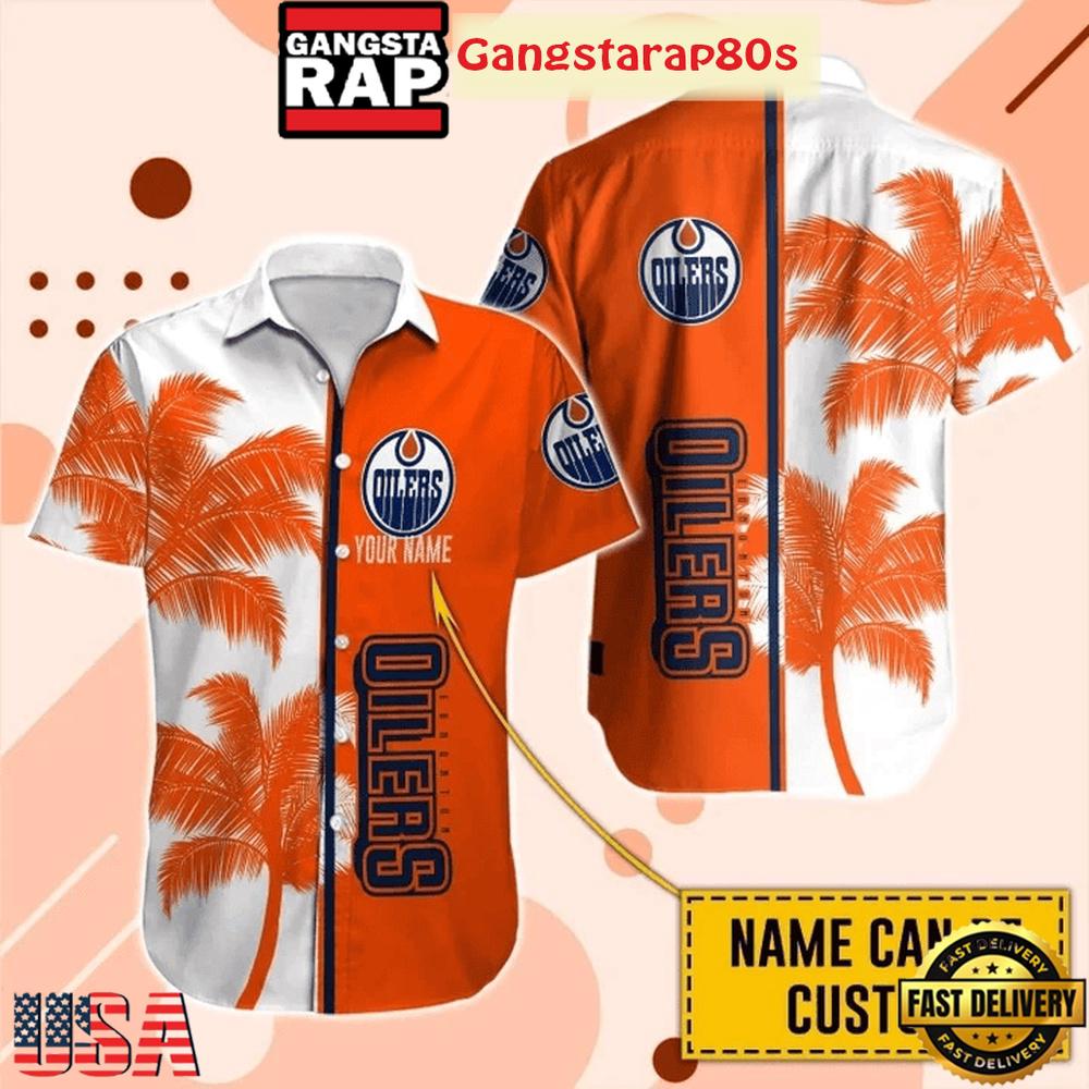 Custom Name Edmonton Oilers Tropical Sunset Palm Summer Hawaiian Shirt