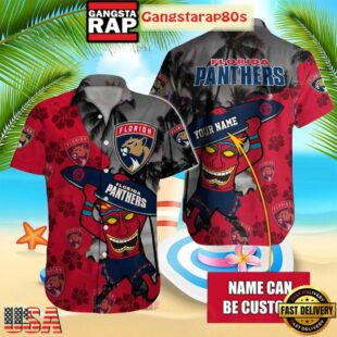 Custom Name Florida Panthers Surfing Tiki Summer Hawaiian Shirt
