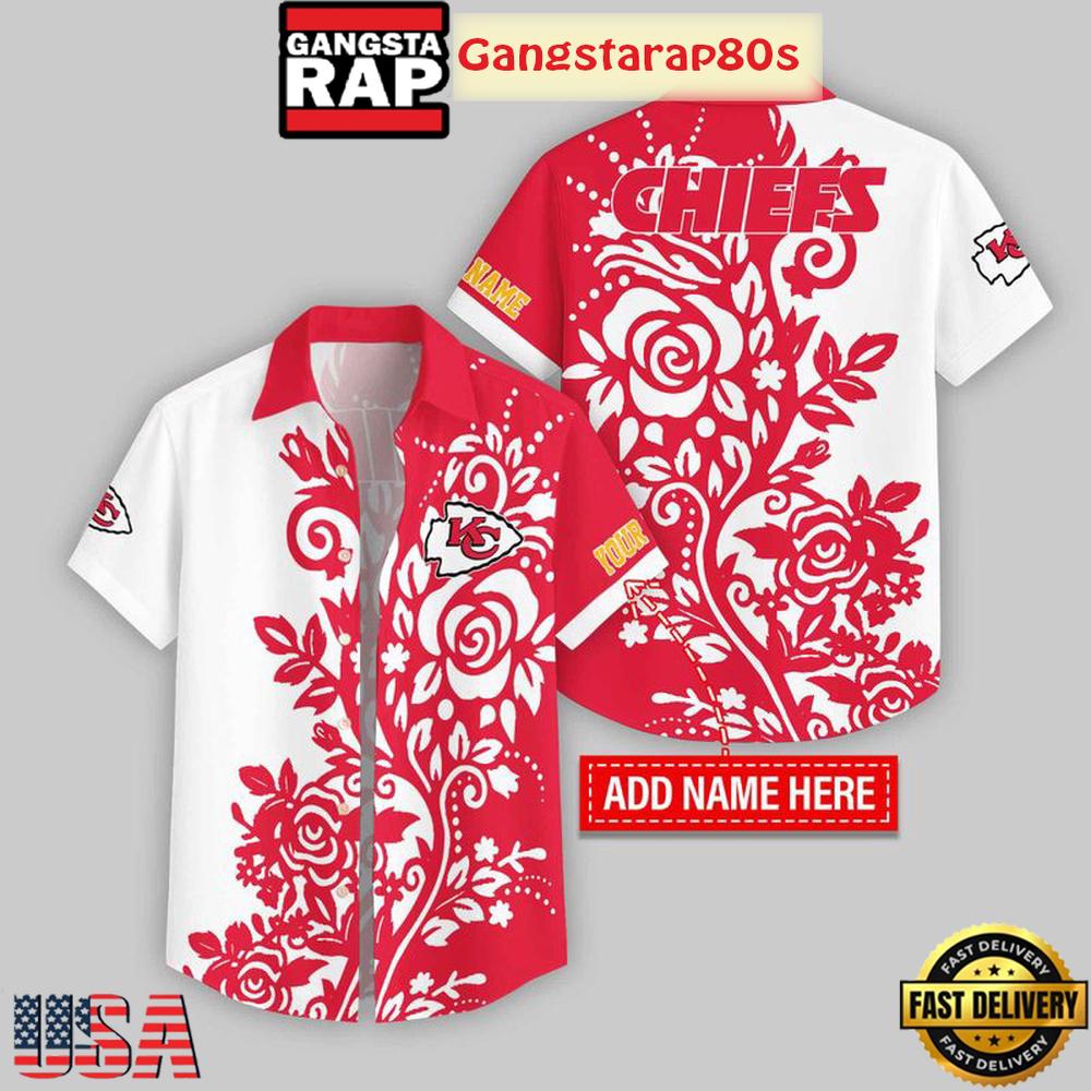 Custom Name Kansas City Chiefs Rose Branch Pattern Hawaiian Shirt For Fans