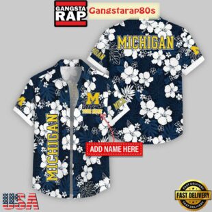 Custom Name Michigan Wolverines Hibicus Pattern Hawaiian Shirt For Fans