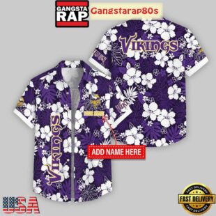 Custom Name Minnesota Vikings Hibicus Pattern Hawaiian Shirt For Fans