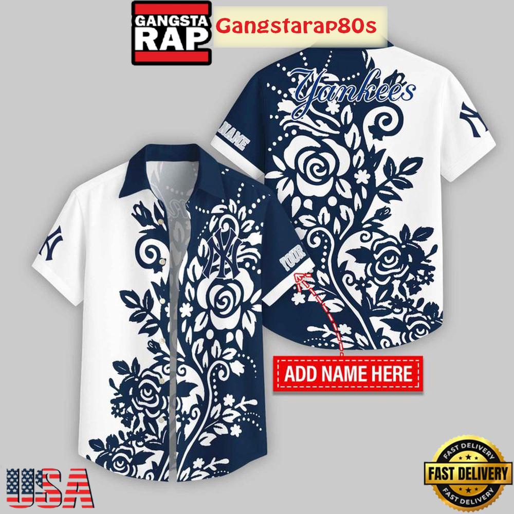 Custom Name New York Yankees Rose Branch Pattern Aloha Hawaiian Shirt Custom Name New York Yankees Rose Branch Pattern Aloha Hawaiian Shirt