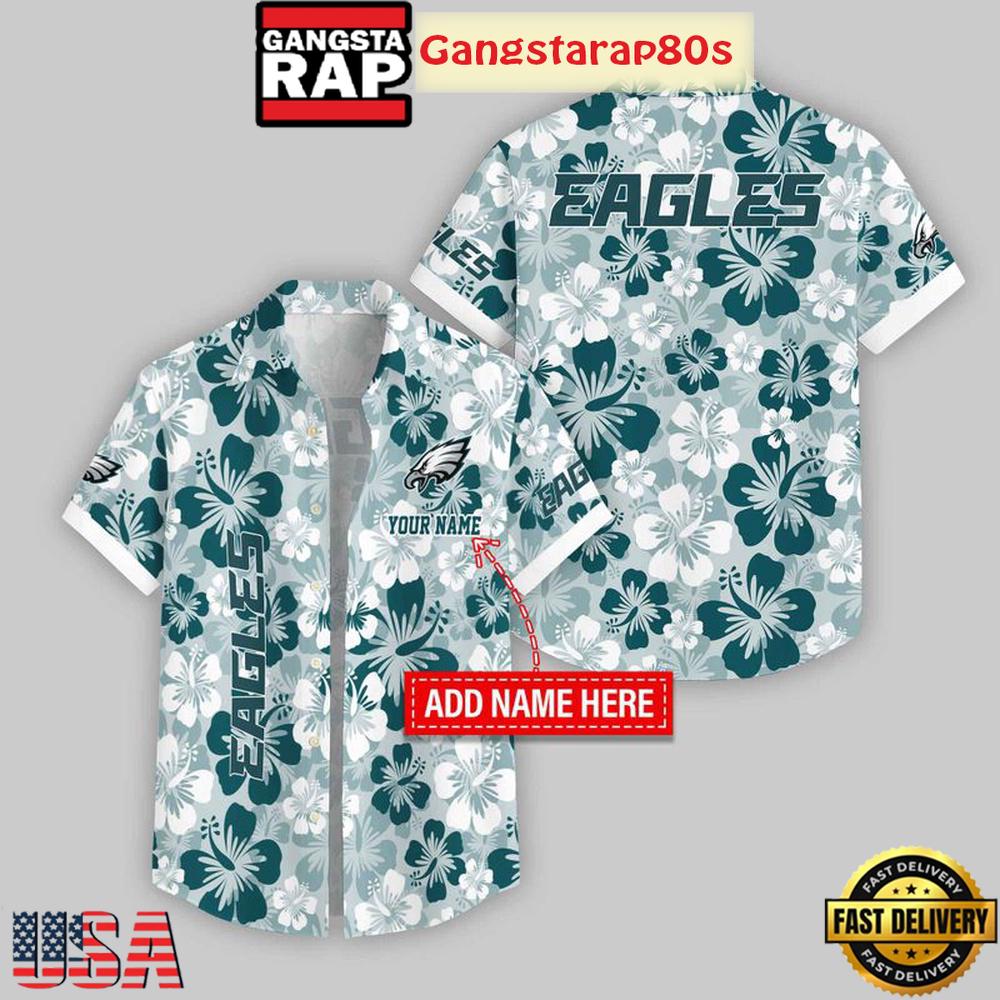 Custom Name Philadelphia Eagles Flowers Pattern Hawaiian Shirt For Fan