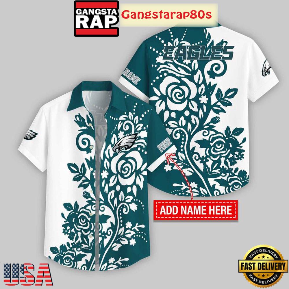 Custom Name Philadelphia Eagles Rose Branch Pattern Hawaiian Shirt For Fans