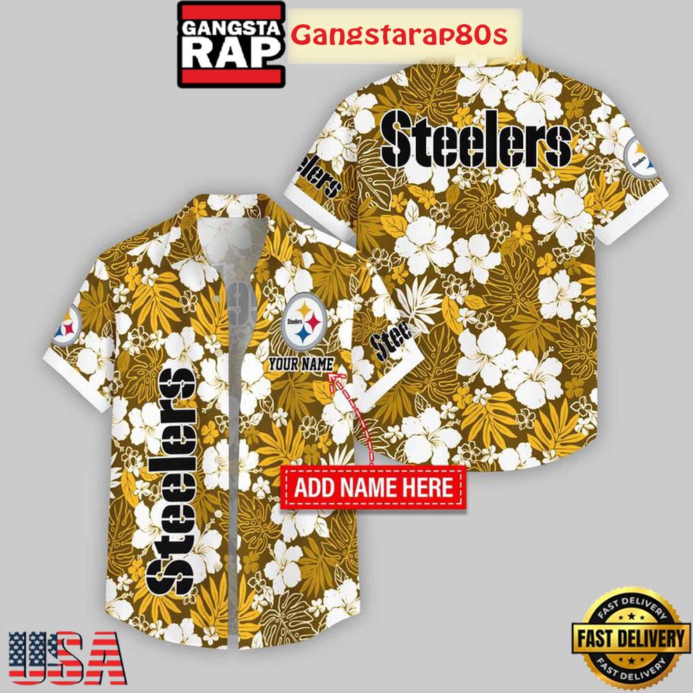 Custom Name Pittsburgh Steelers Hibicus Pattern Hawaiian Shirt For Fans
