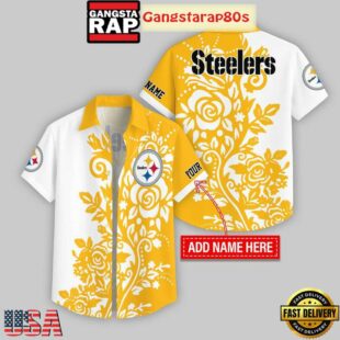 Custom Name Pittsburgh Steelers Rose Branch Pattern Hawaiian Shirt For Fans