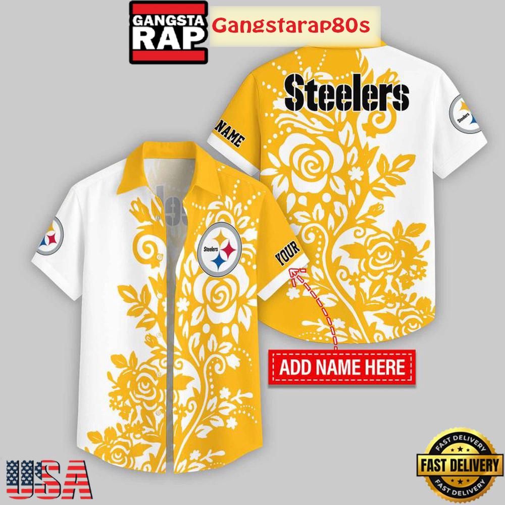 Custom Name Pittsburgh Steelers Rose Branch Pattern Hawaiian Shirt For Fans