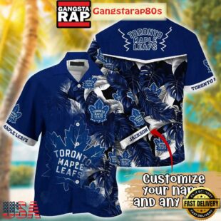 Custom Name Toronto Maple Leafs Blue Palm Leaves Summer Hawaiian Shirt