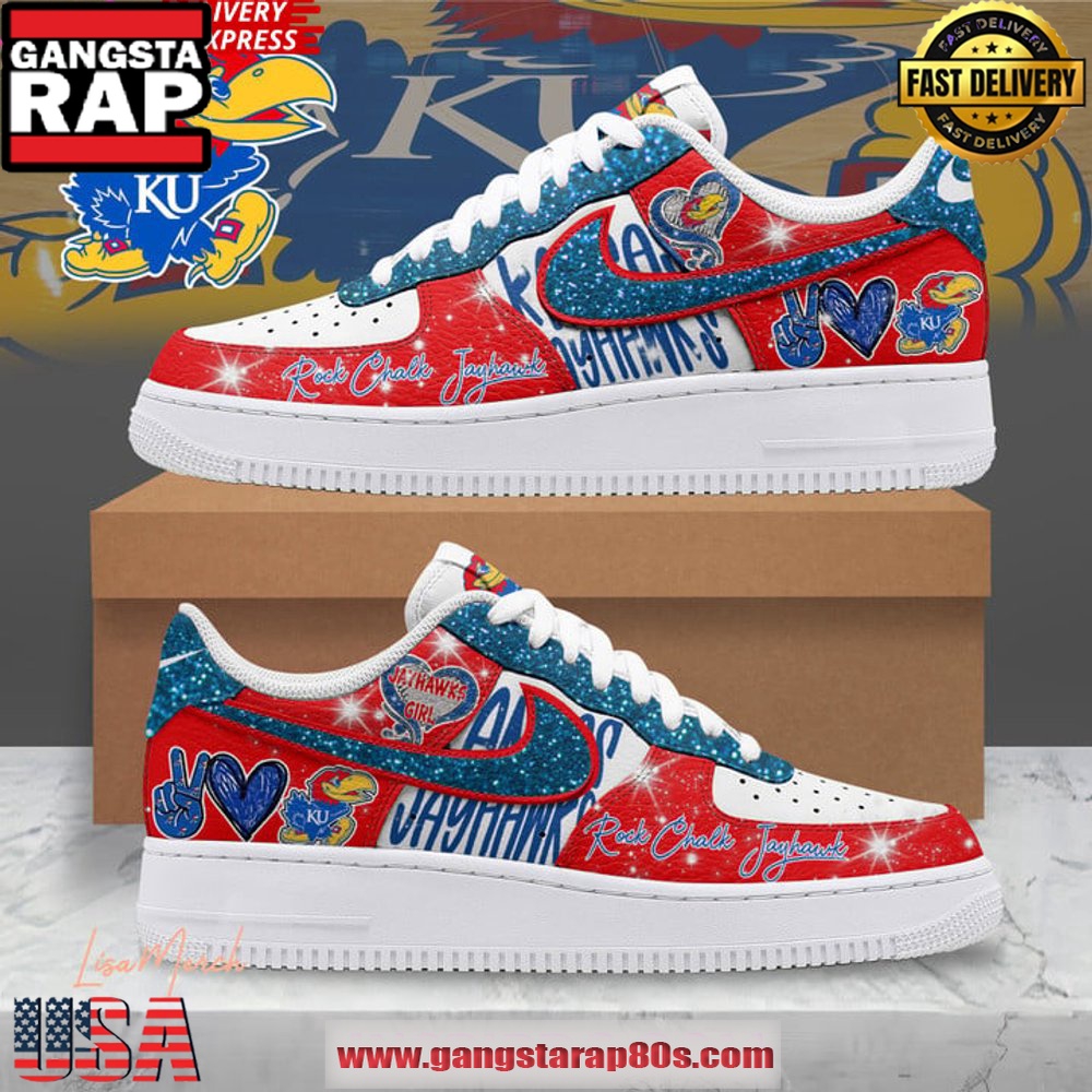 Kansas Jayhawks Rock Chalk Jayhawk Air Force 1 Running Sneakers Shoes