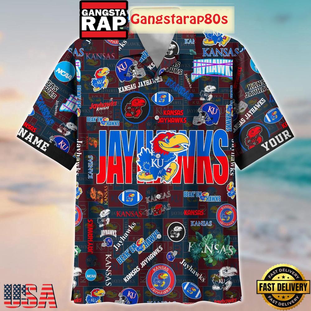 Kansas Jayhawks Solgan Beak'em Hawks True Fan Spirit Custom Name Aloha Hawaiian Shirt