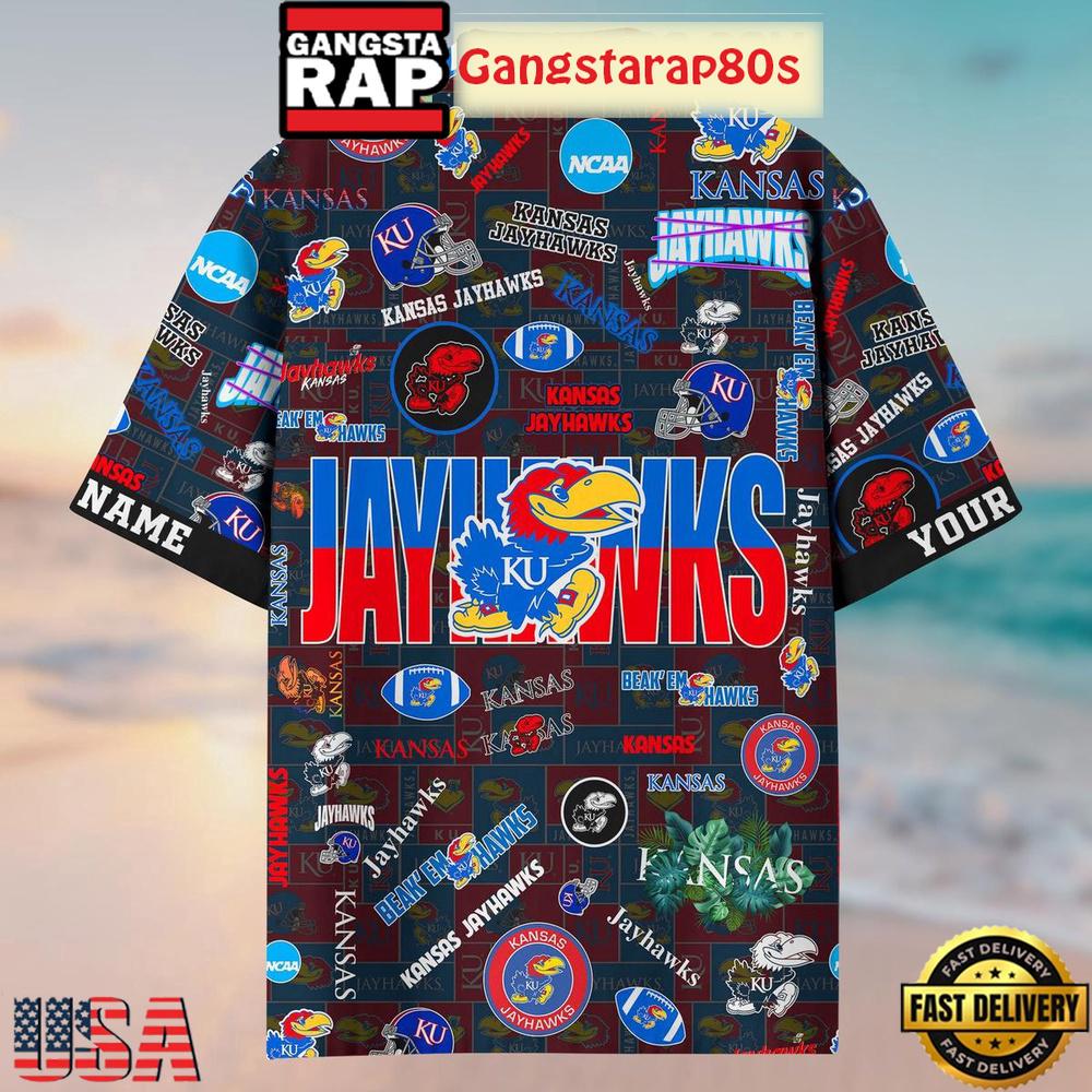 Kansas Jayhawks Solgan Beak'em Hawks True Fan Spirit Custom Name Aloha Hawaiian Shirt