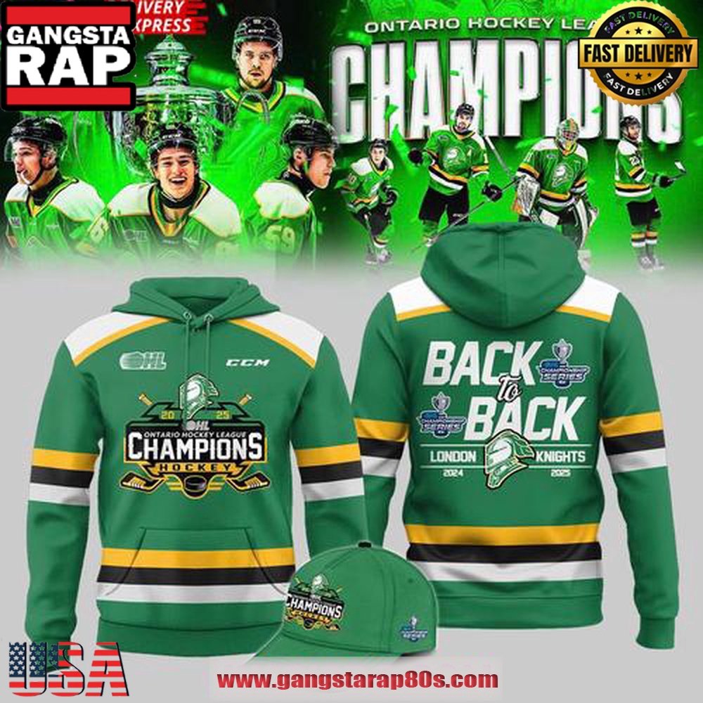 London Knights OHL Back-to-Back Champions 2024 - 2025 Green Unisex Hoodie London Knights OHL Back-to-Back Champions 2024 - 2025 Green Unisex Hoodie