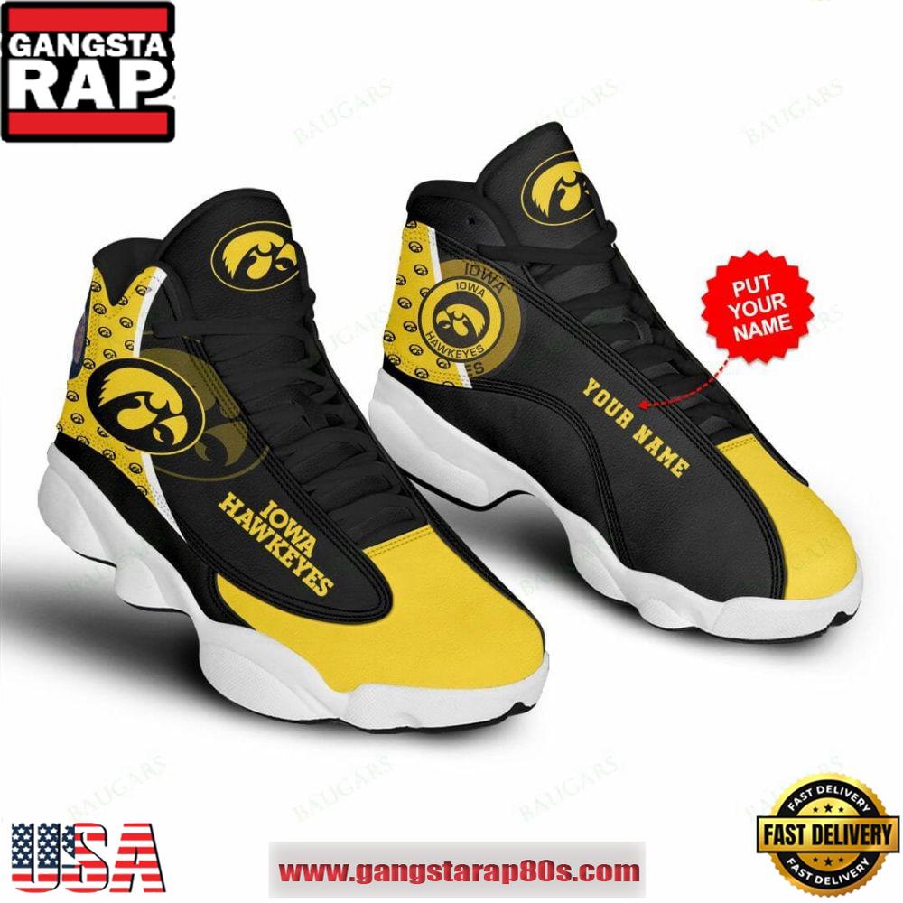 NCAA Iowa Hawkeyes Custom Name Black Gold Air Jordan 13 Shoes